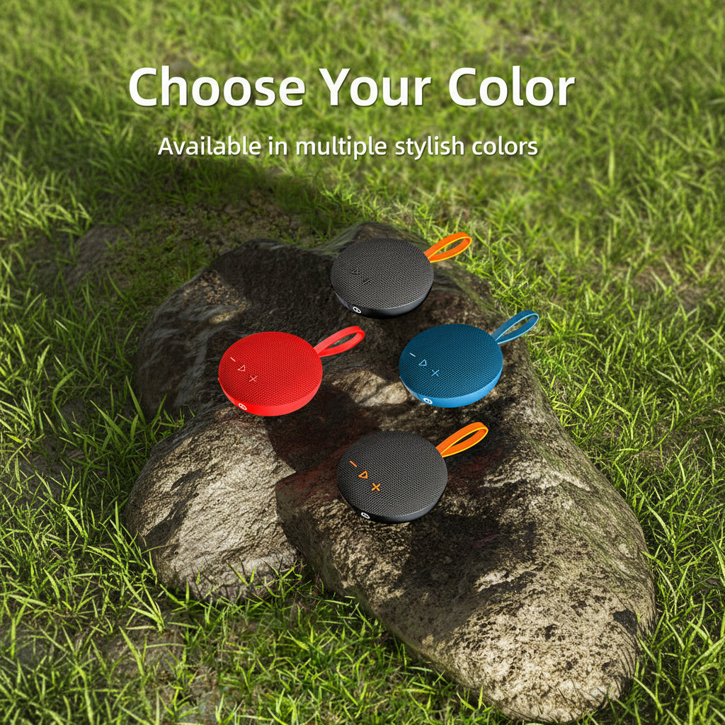 Colorful portable speakers on a rock with grass background