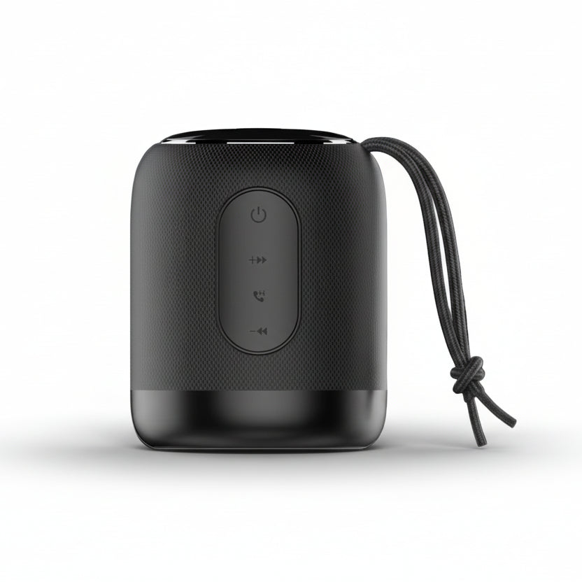 Black portable speaker with control buttons on a textured dark background