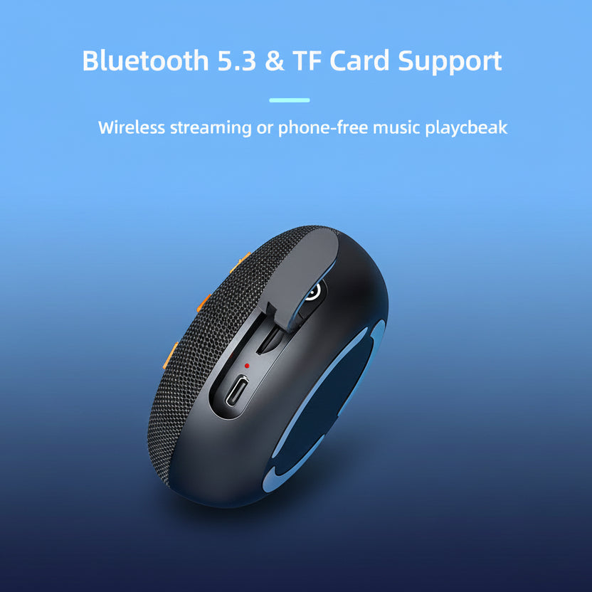 Black wireless speaker with Bluetooth 5.3 and TF card support on a blue background