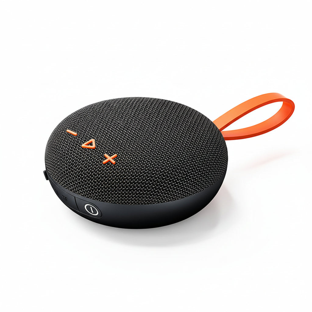 Black portable speaker with orange handle on a white background