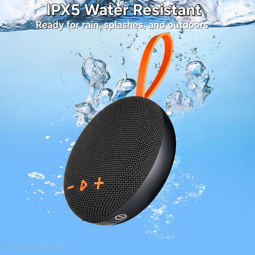 Black portable speaker with orange handle and water splashes, labeled IPX5 water resistant.