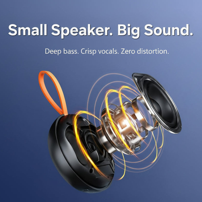 Compact speaker with text 'Small Speaker. Big Sound.' on a blue background